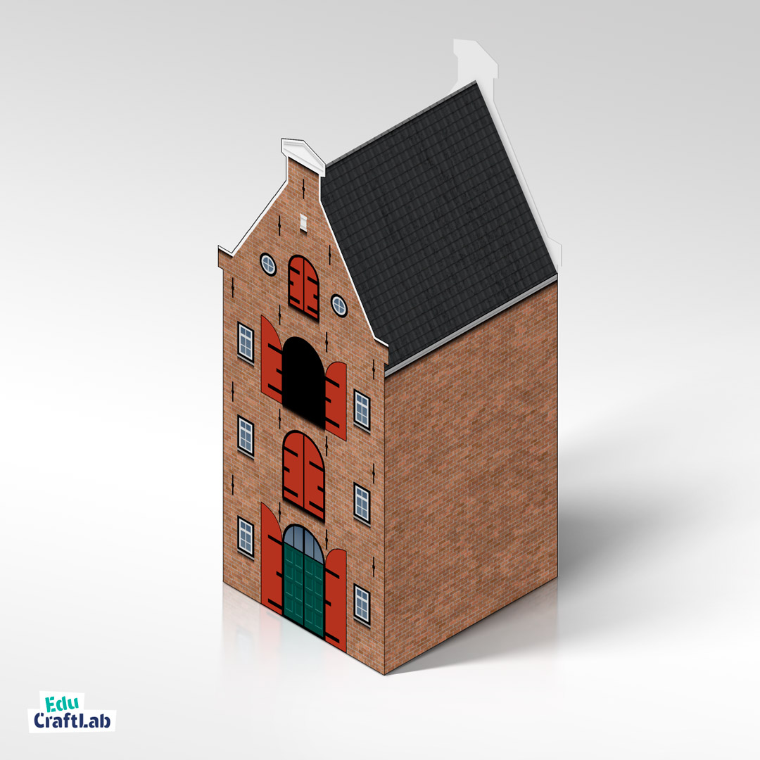 Printable paper model of Amsterdam Canal Scene for kids